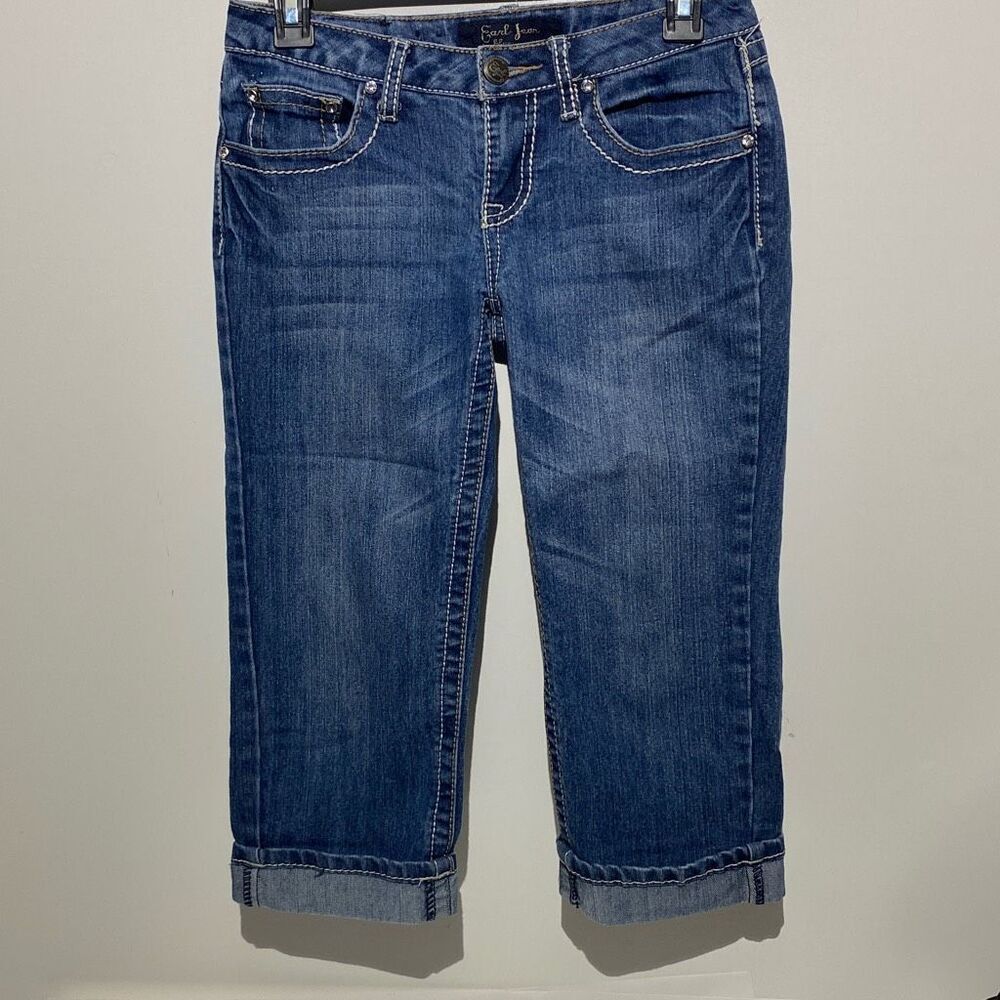 Earl Jean Women's Blue Stretch White Stitching Embellished Cropped Jeans Size 3